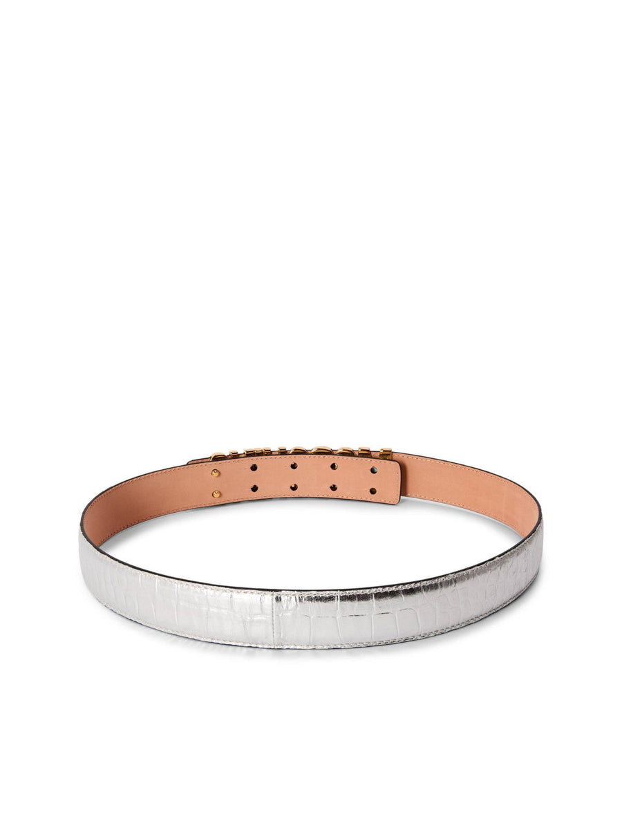 Moschino Logo Lettering Buckle Belt — Silver Leather