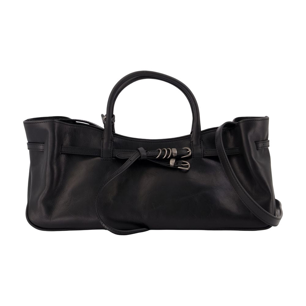 Margesherwood Ruched Leather Shoulder Bag — Black Cowhide