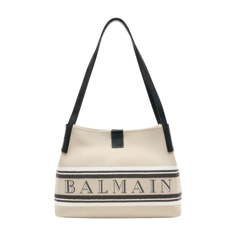 Balmain Canvas Striped Shoulder Bag — Beige