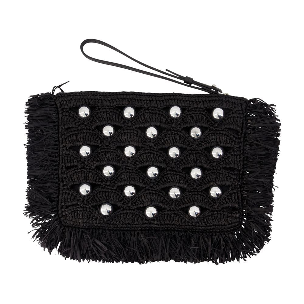 Rabanne Studded Raffia Clutch — Black