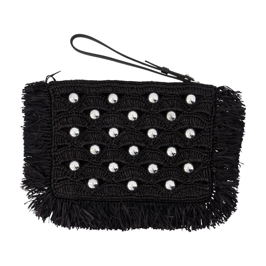 Rabanne Studded Raffia Clutch — Black