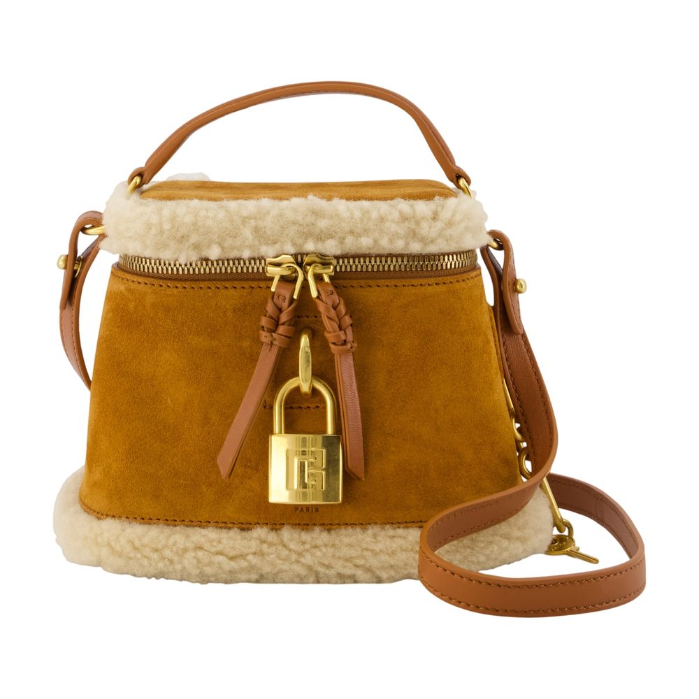Balmain Shearling-Trimmed Calfskin Top Handle Bag — Khaki