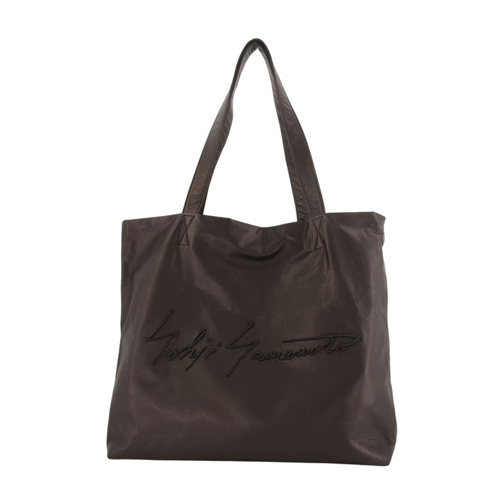 Yohji Yamamoto Signature Script Leather Tote Bag — Black Cowhide