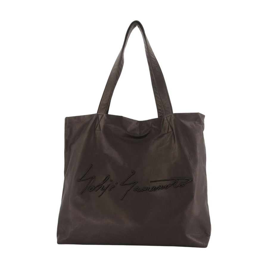 Yohji Yamamoto Signature Script Leather Tote Bag — Black Cowhide