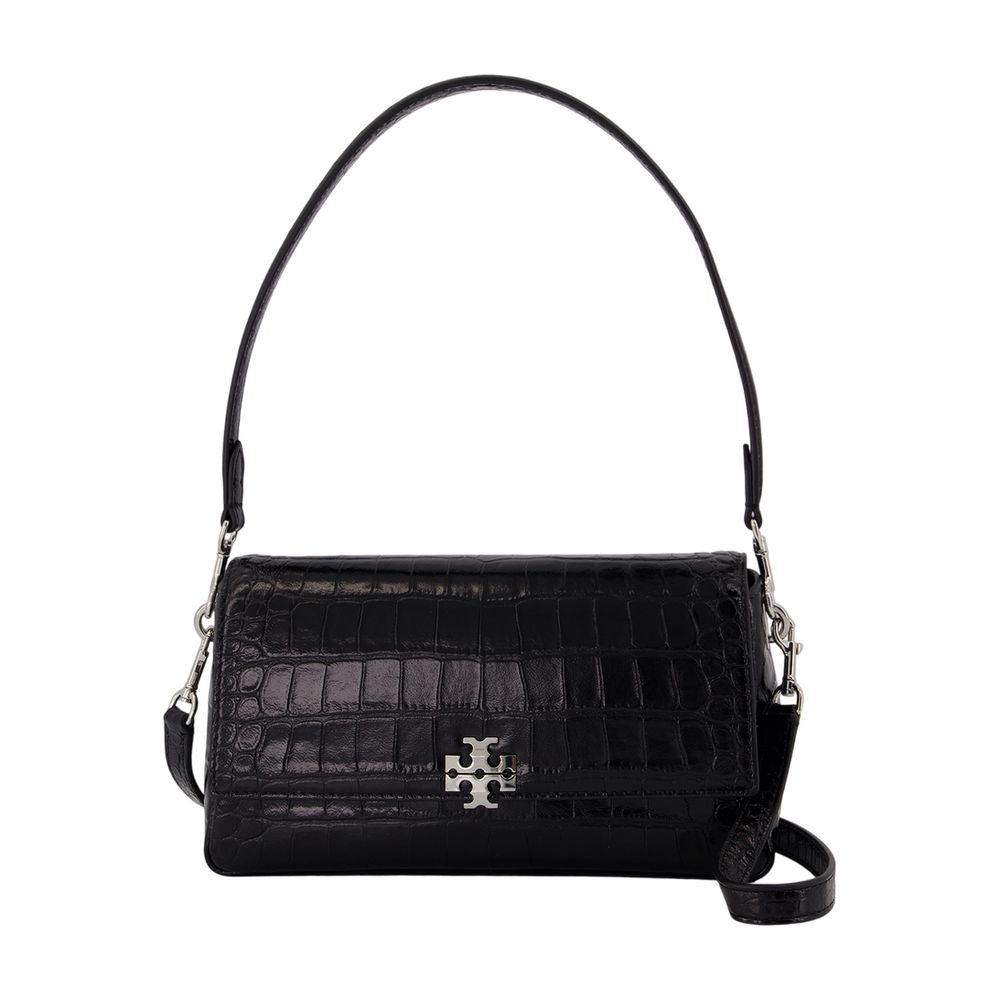Tory Burch Crocodile-Embossed Calfskin Shoulder Bag — Black