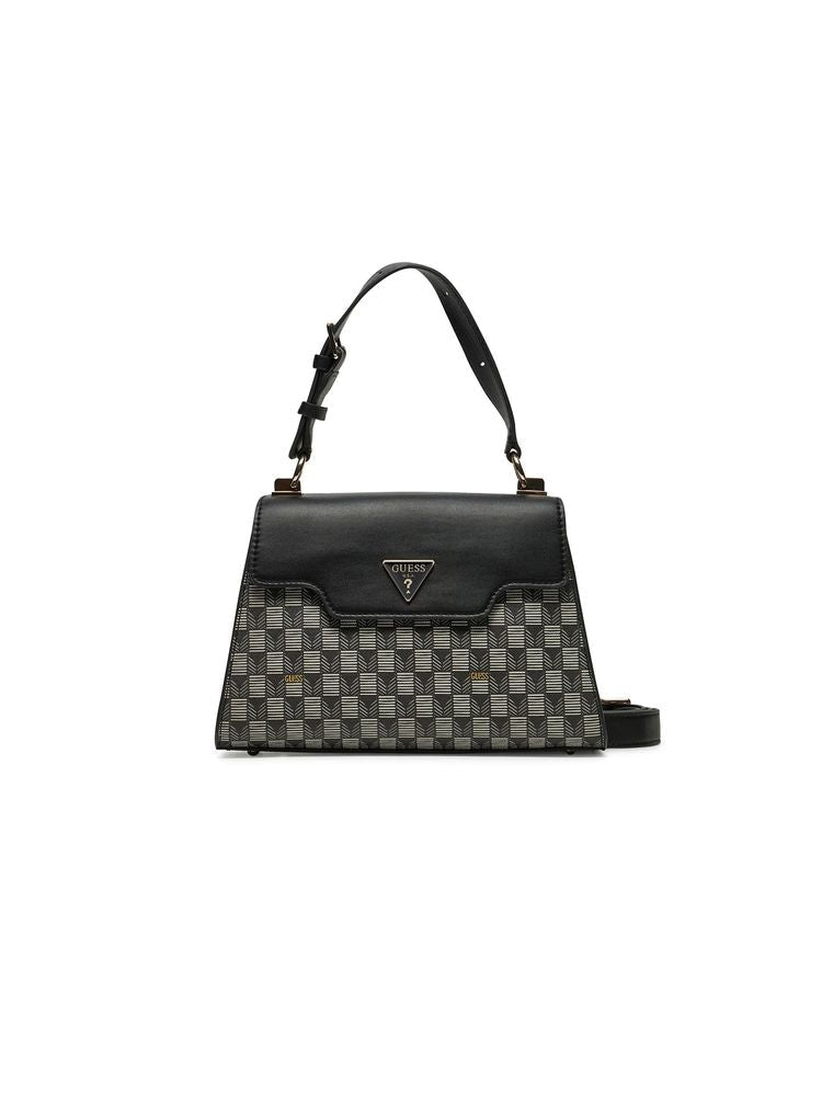 Guess Checkered Polyurethane Top Handle Bag — Black