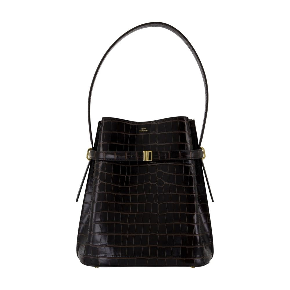 Toteme Crocodile-Embossed Leather Top Handle Bag — Black Cowhide