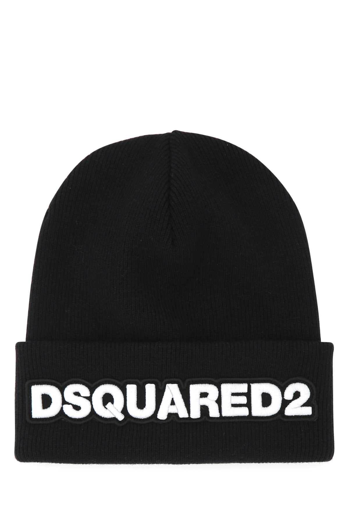 Dsquared2 Knm000115040001 Logo-Embroidered Wool Beanie — Black Exterior: Beanies