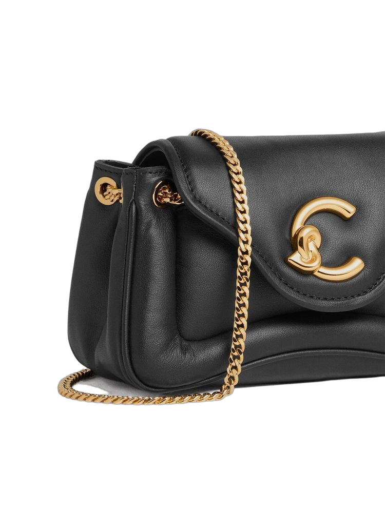 Coccinelle Curved C Logo Shoulder Bag — Black Cowhide