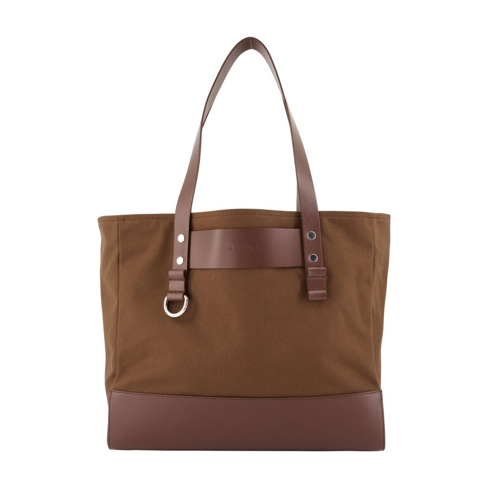 Marni Canvas And Leather-Trimmed Tote Bag — Brown Cotton