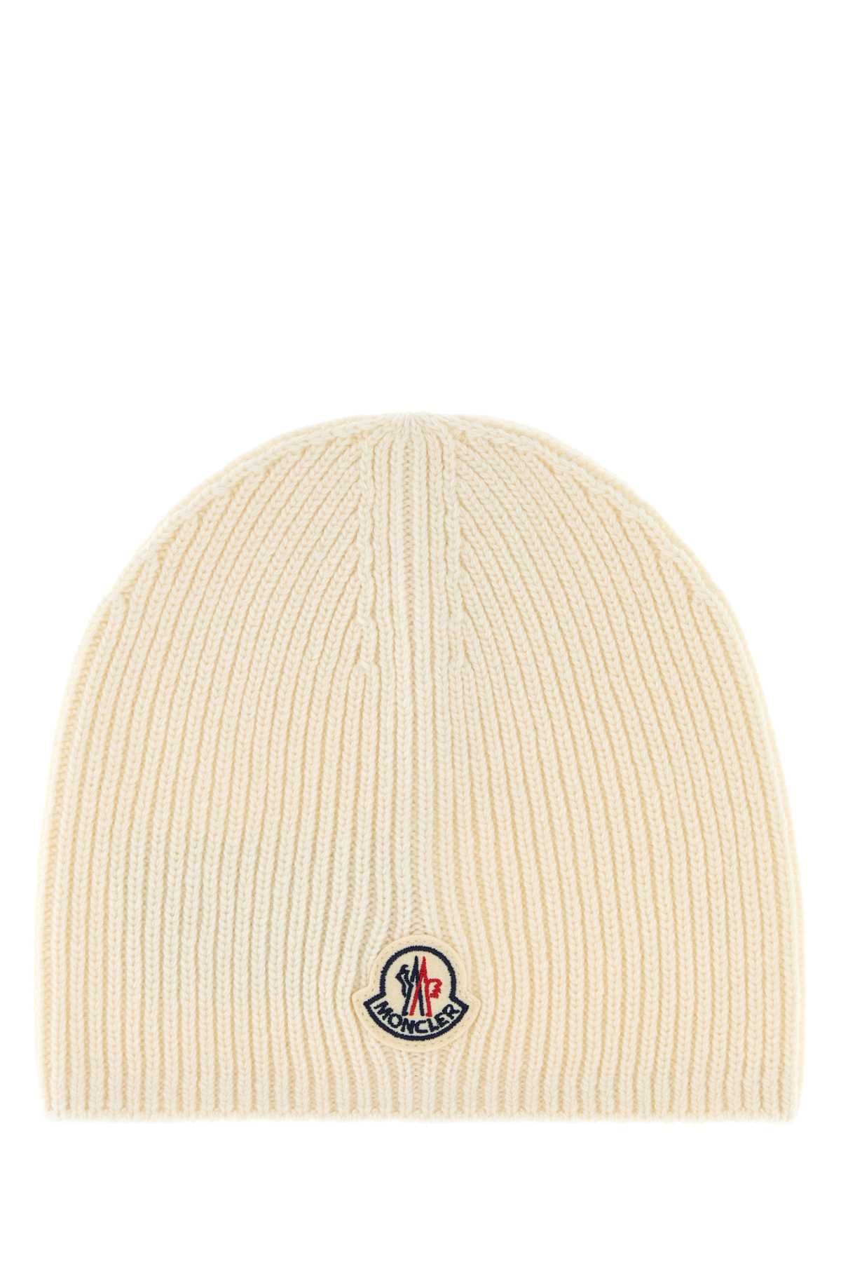 Moncler Hat Virgin Wool Ribbed Beanie — Beige Exterior: Beanies