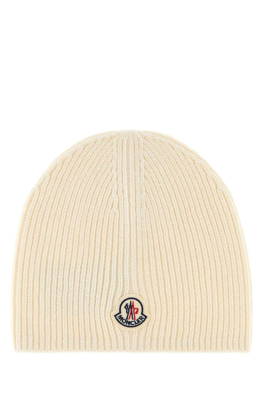 Moncler Hat Virgin Wool Ribbed Beanie — Beige Exterior: Beanies