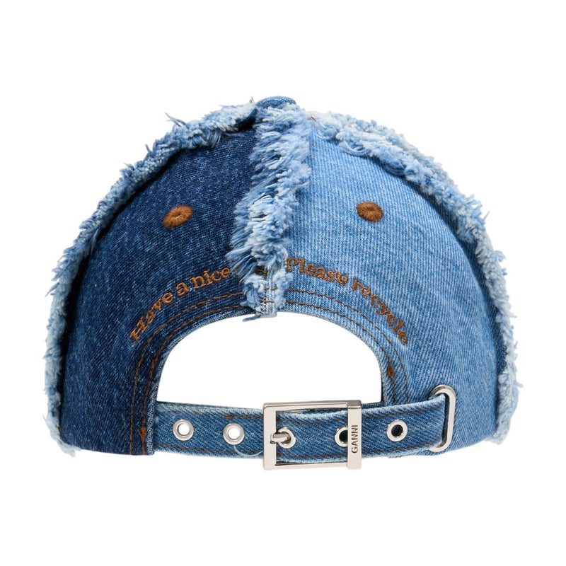 Ganni B3020078-999 Distressed Denim Baseball Cap — Blue Cotton Caps
