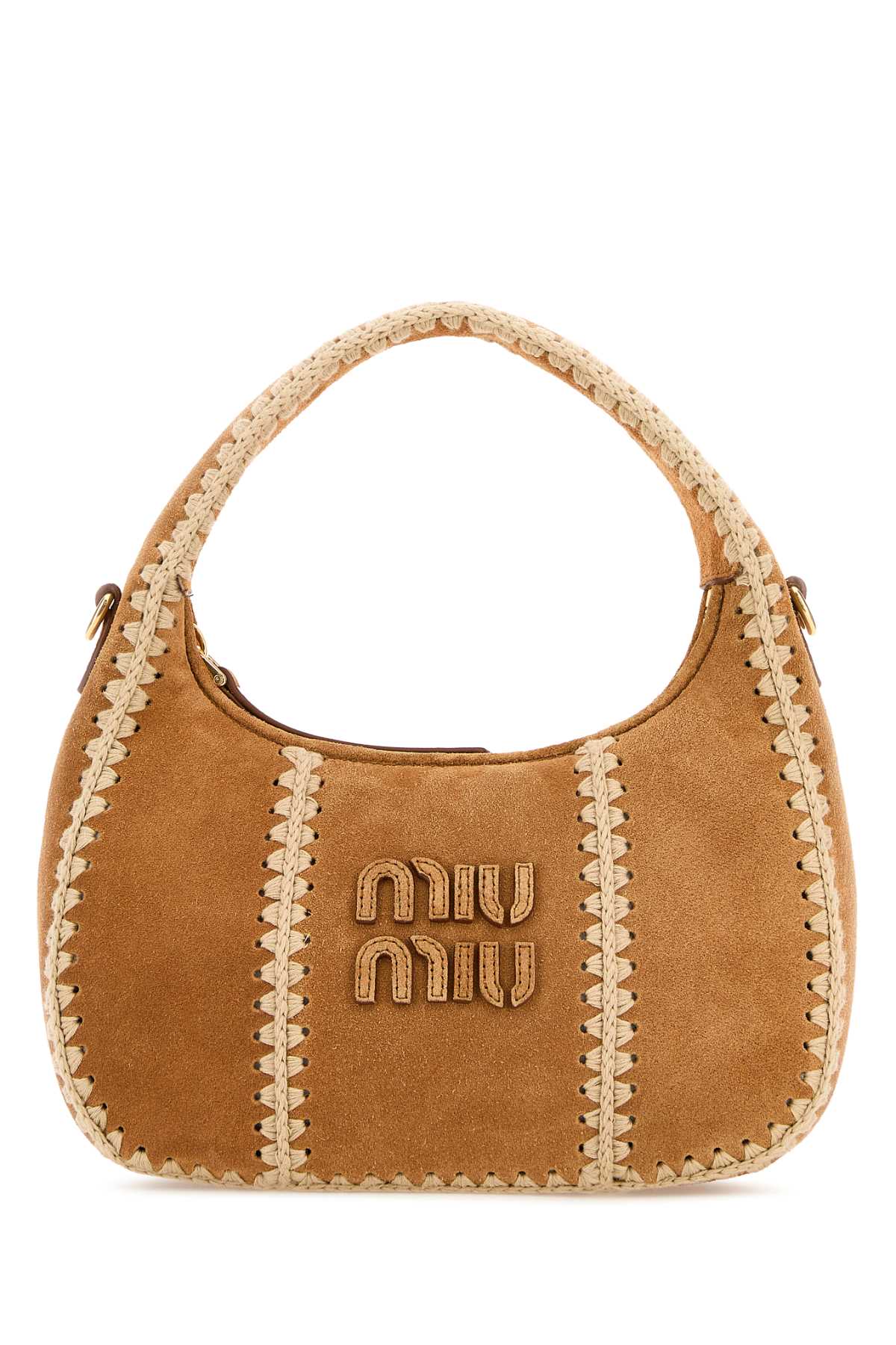Miu Miu Whipstitched Suede Shoulder Bag — Beige