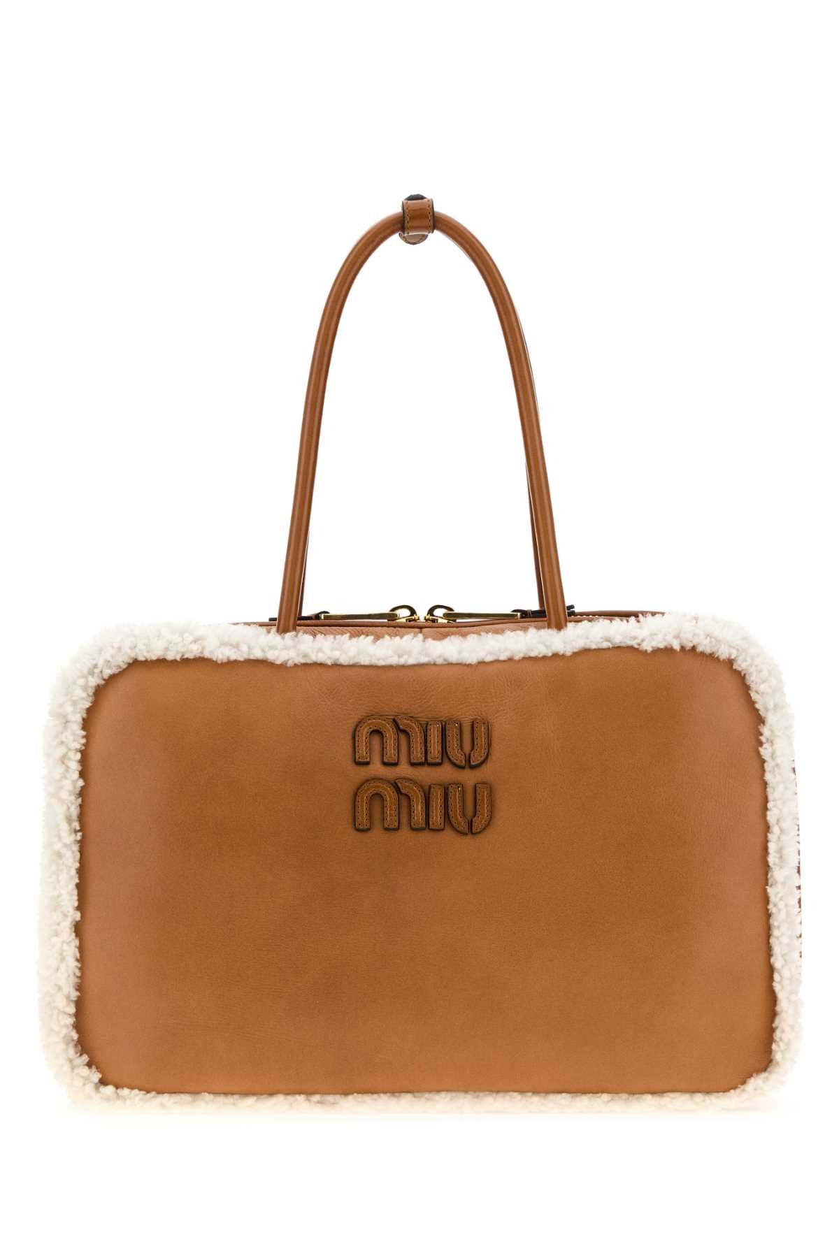 Miu Miu Sheepskin-Trimmed Leather Shoulder Bag — Brown Ovisariesaries