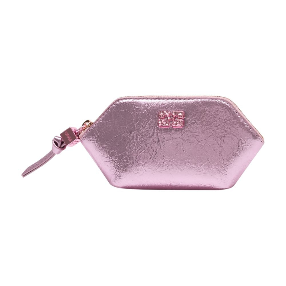 Ganni Crushed Metallic Coin Purse — Pink Polyurethane Purses