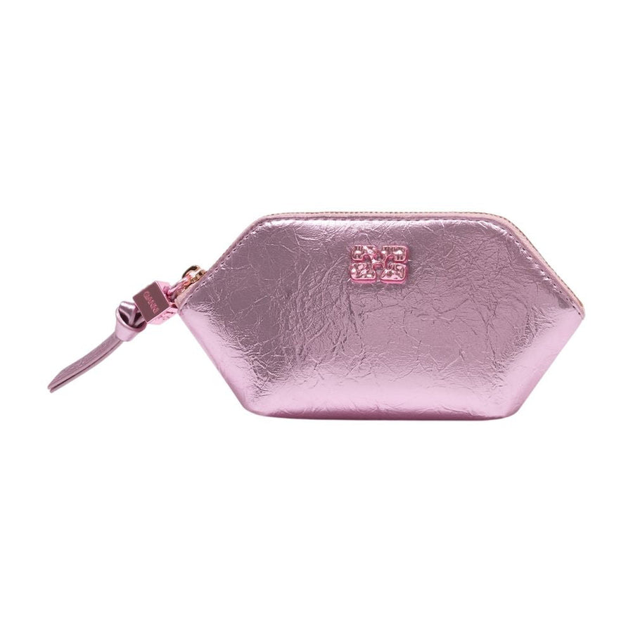 Ganni Crushed Metallic Coin Purse — Pink Polyurethane Purses