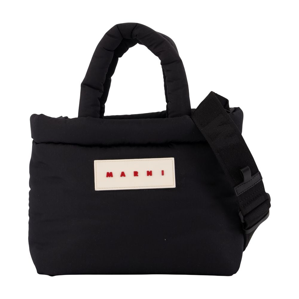 Marni Puffy Nylon Logo-Patch Top Handle Bag — Black Synthetic