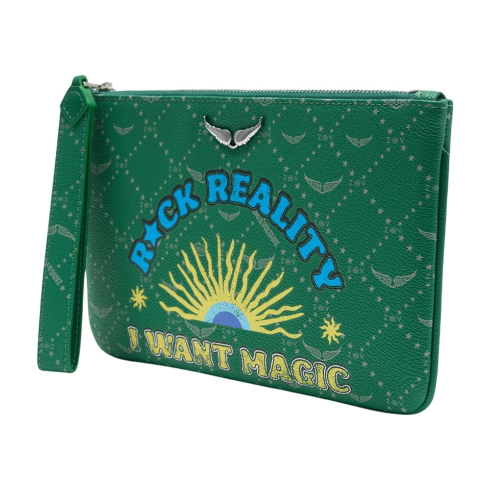 Zadig & Voltaire Logo-Embroidered Textile Clutch — Green Synthetic Wallet