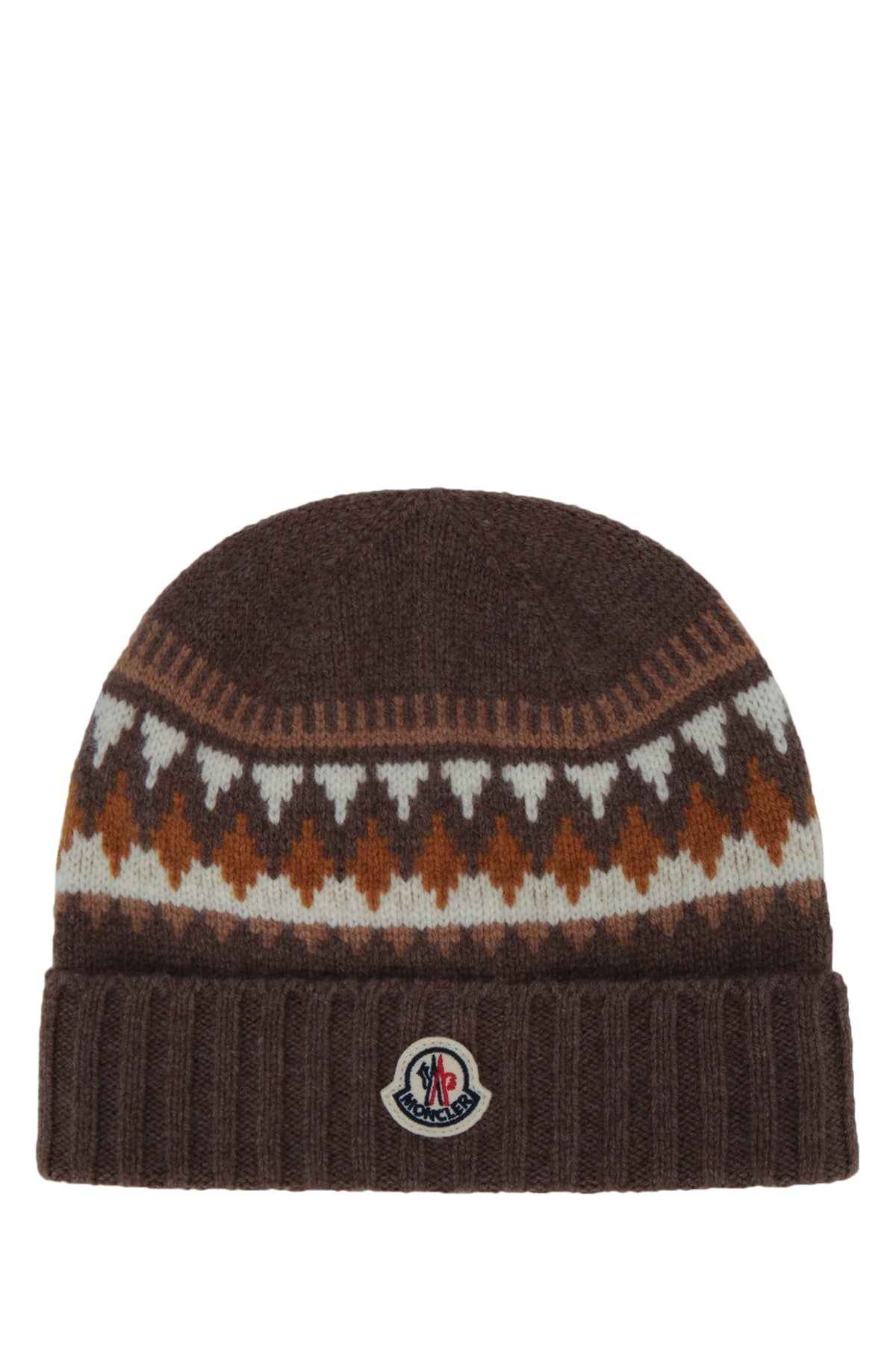 Moncler Jr Hat Intarsia-Knit Beanie — Brown Wool Beanies
