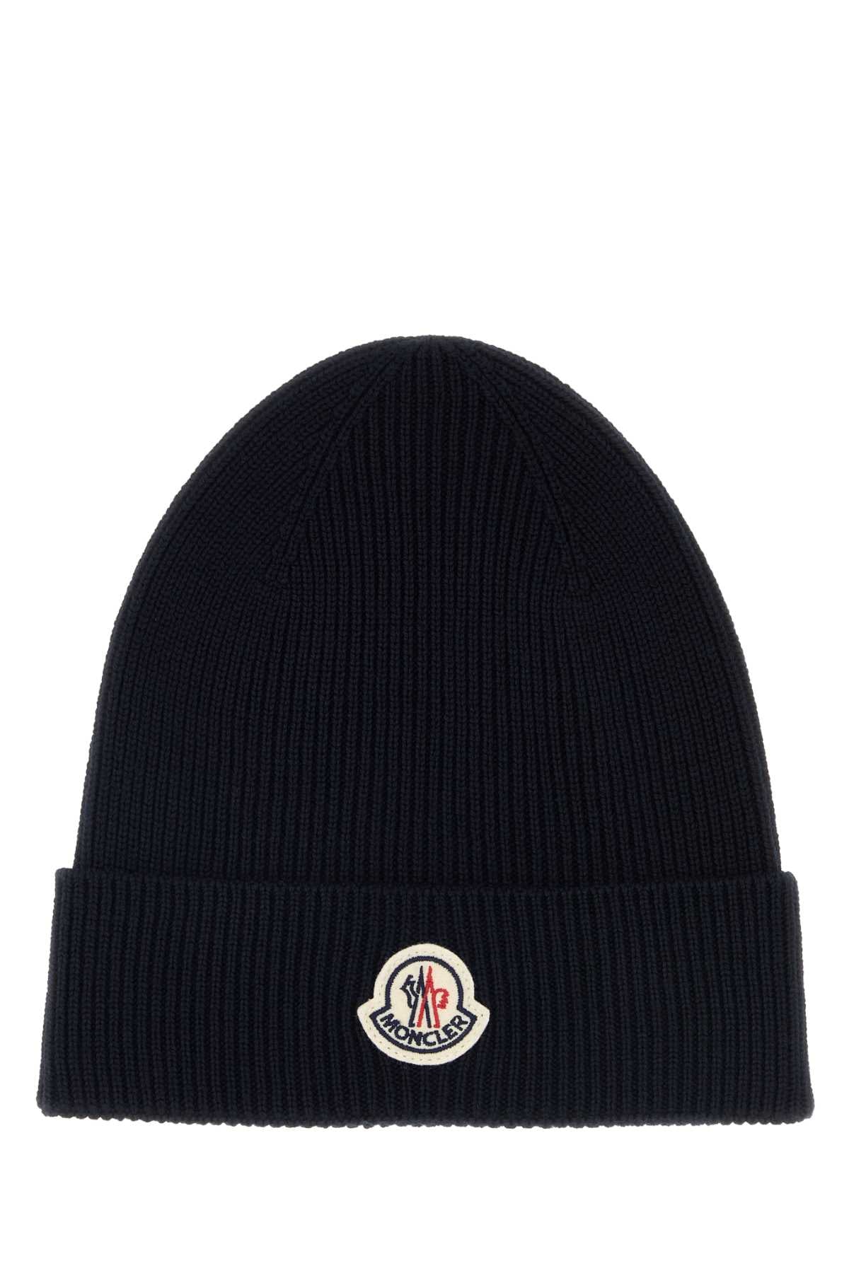 Moncler Hat Virgin Wool Ribbed Beanie — Navy Exterior: Beanies