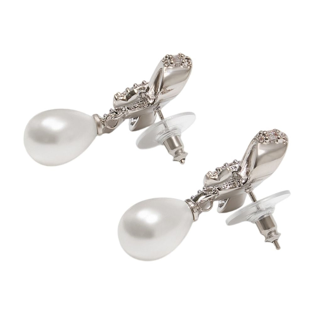 Self-Portrait Crystal Bow Pearl Drop Earrings — Silver Metal