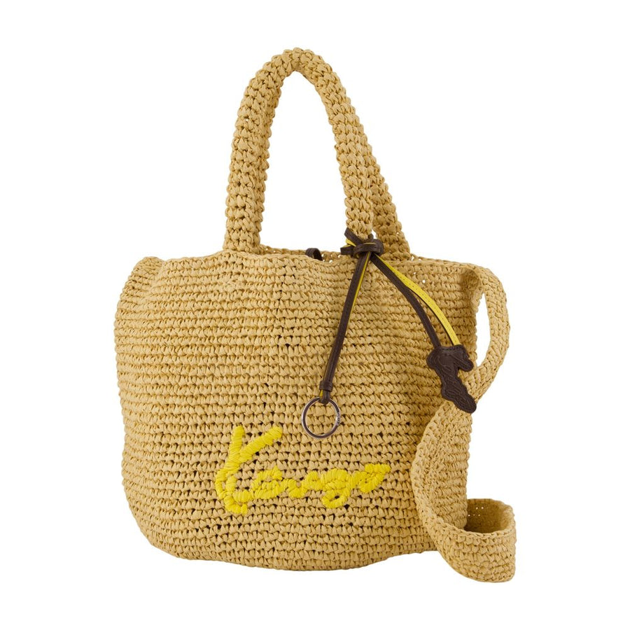 Kenzo Embroidered Logo Raffia Crossbody Bag — Beige