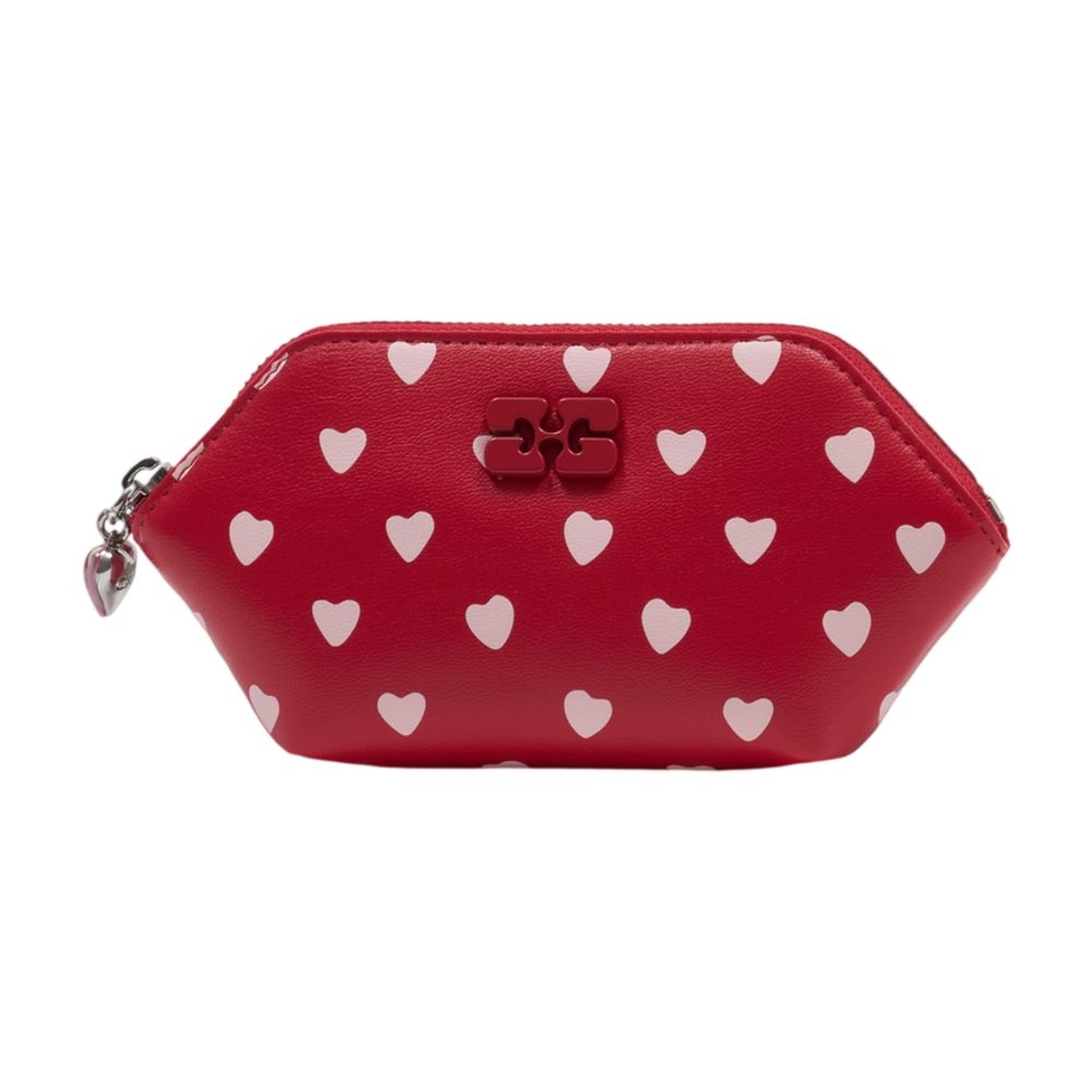 Ganni Heart-Embroidered Lambskin Coin Purse — Red Purses