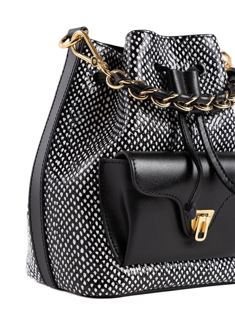 Coccinelle Elaphe-Printed Calf Split Leather Shoulder Bag — Black