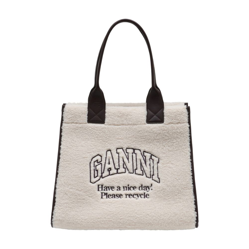 Ganni Shearling-Textured Embroidered Tote Bag — White Synthetic