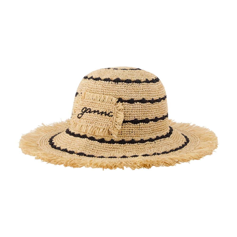 Ganni B3020217-999 Striped Raffia Sun Hat — Beige Synthetic
