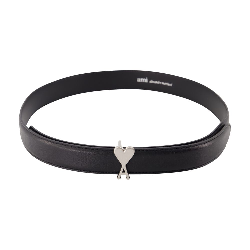 Ami Paris Heart Buckle Calfskin Belt — Black
