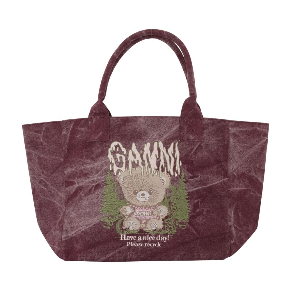 Ganni Printed Cotton Tote Bag — Burgundy
