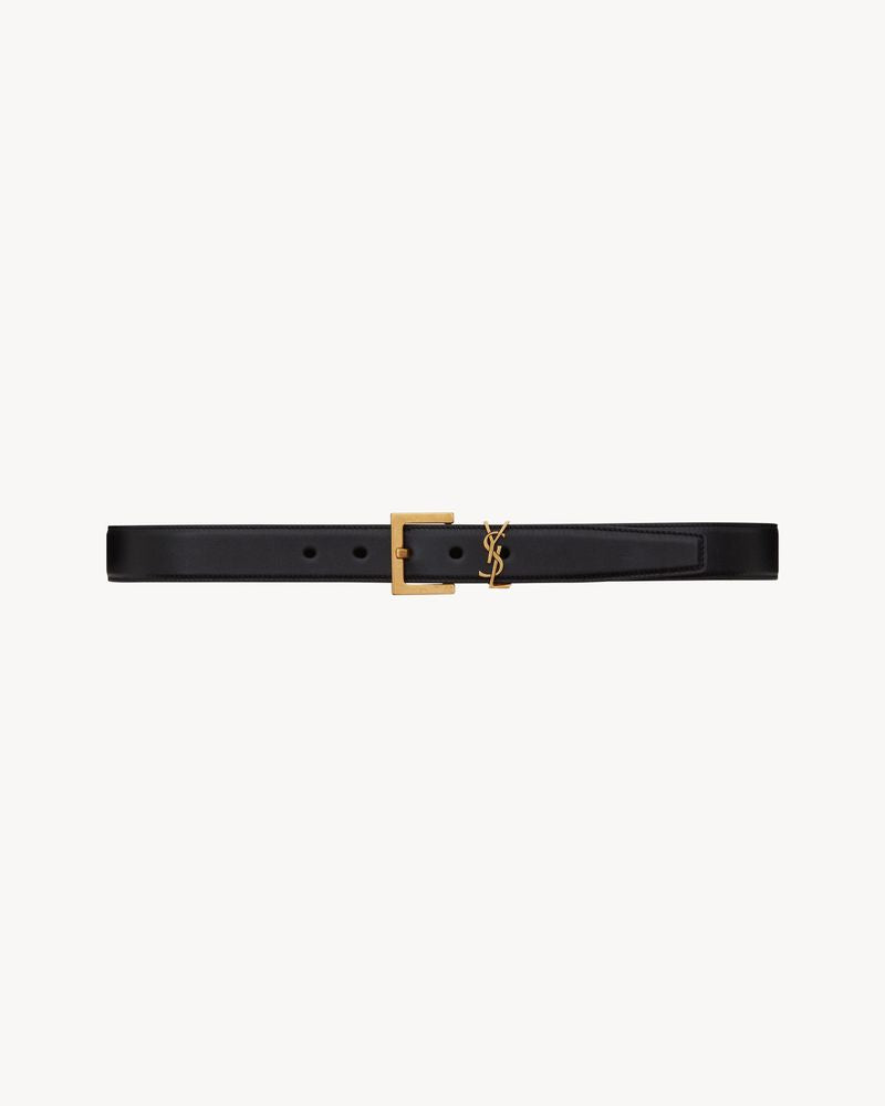 Saint Laurent Cassandre Square Buckle Belt — Black Calfskin Leather