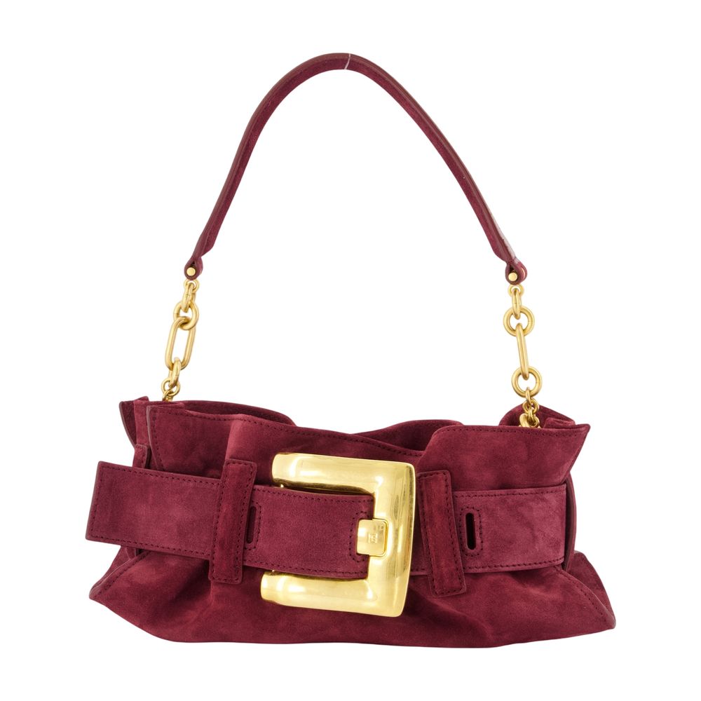 Balmain Suede With Oversized Buckle Shoulder Bag — Burgundy Calfskin