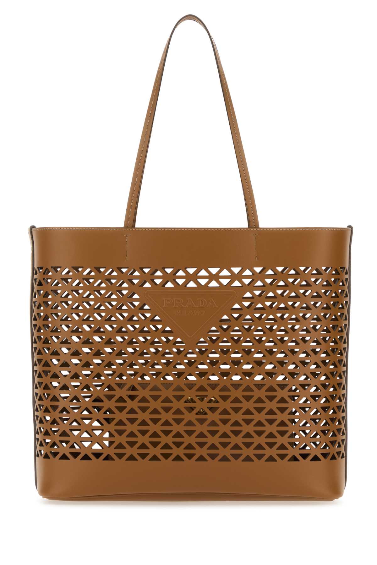 Prada Geometric Cutout Leather Tote Bag — Brown Exterior