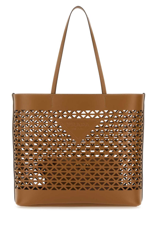 Prada Geometric Cutout Leather Tote Bag — Brown Exterior