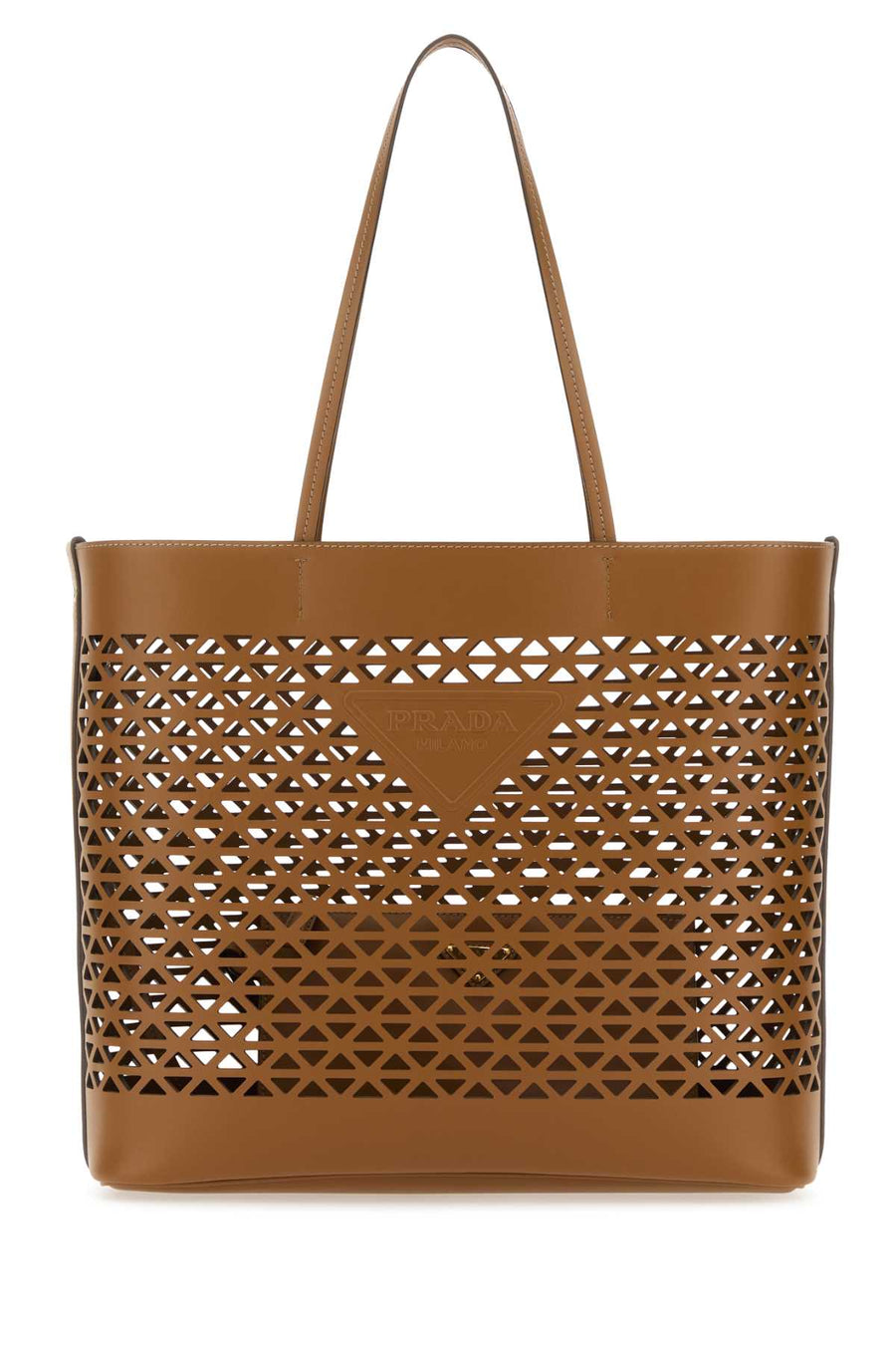Prada Geometric Cutout Leather Tote Bag — Brown Exterior