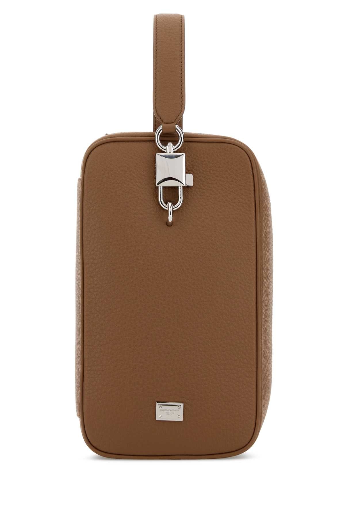 Dolce & Gabbana Leather Lock Closure Top Handle Bag — Brown