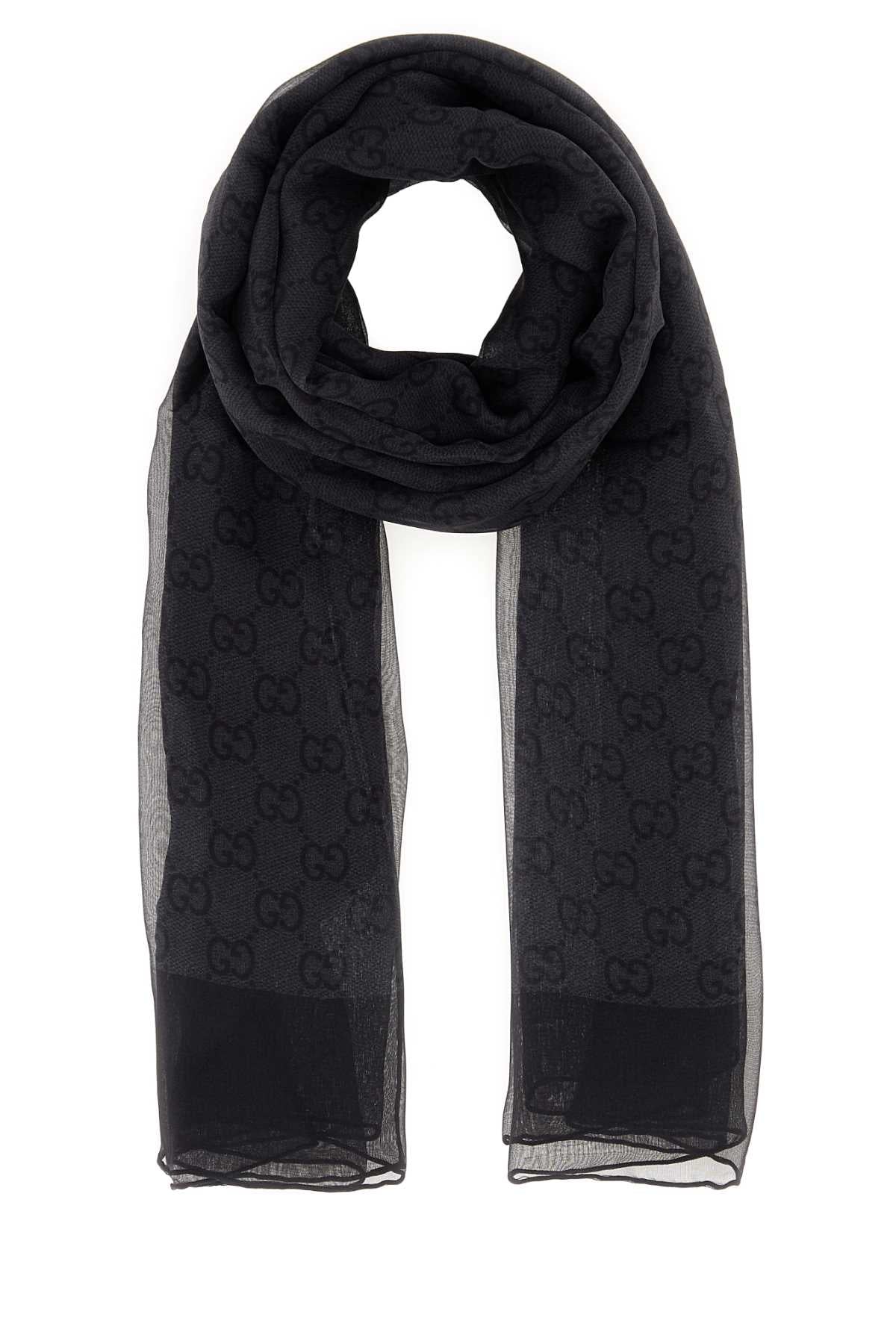 Gucci Gg Monogram Silk Chiffon Shawl — Black Exterior: Shawls