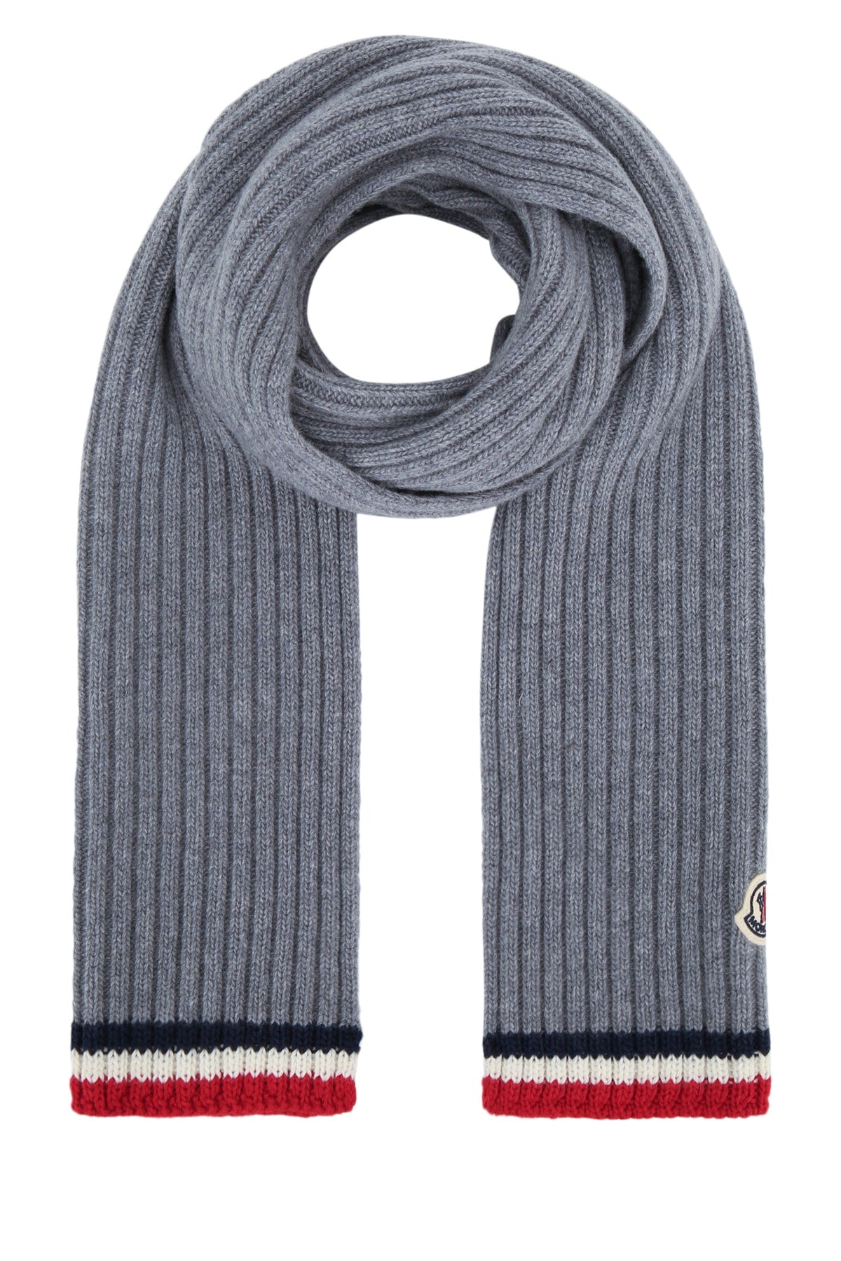 Moncler Jr Ribbed Knit With Striped Trim Scarf — Gray Mixed Fibres Scarfs