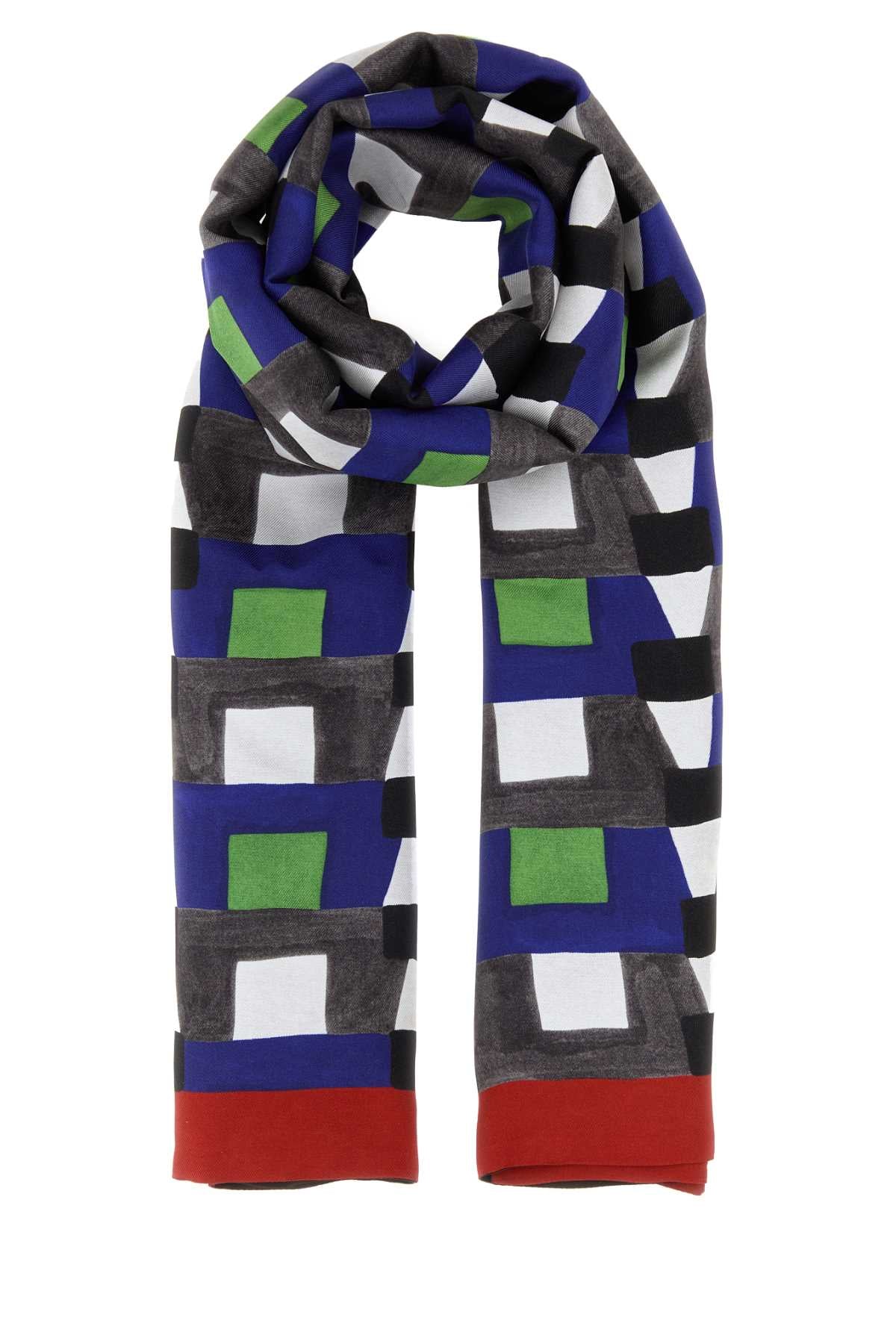 Miu Miu Geometric-Printed Silk Scarf — Blue Exterior: Scarfs