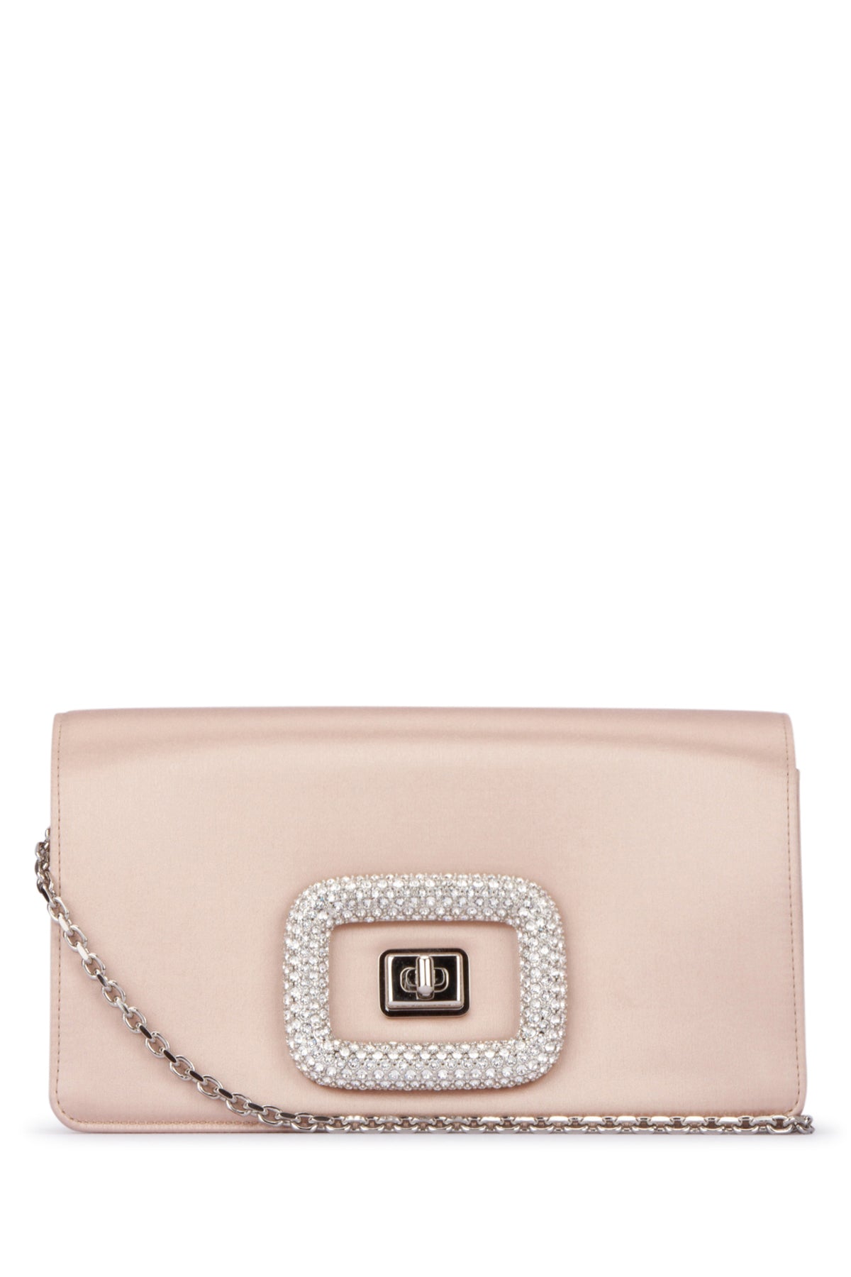 Roger Vivier Crystal-Embellished Leather Clutch — Beige