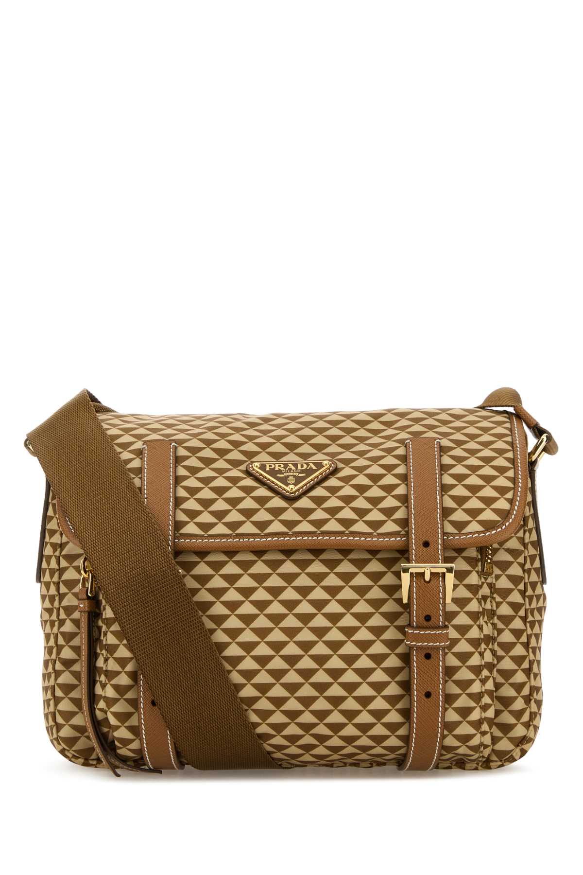 Prada Geometric-Patterned Re-Nylon Crossbody Bag — Caramel Poliammidericiclata-vitello