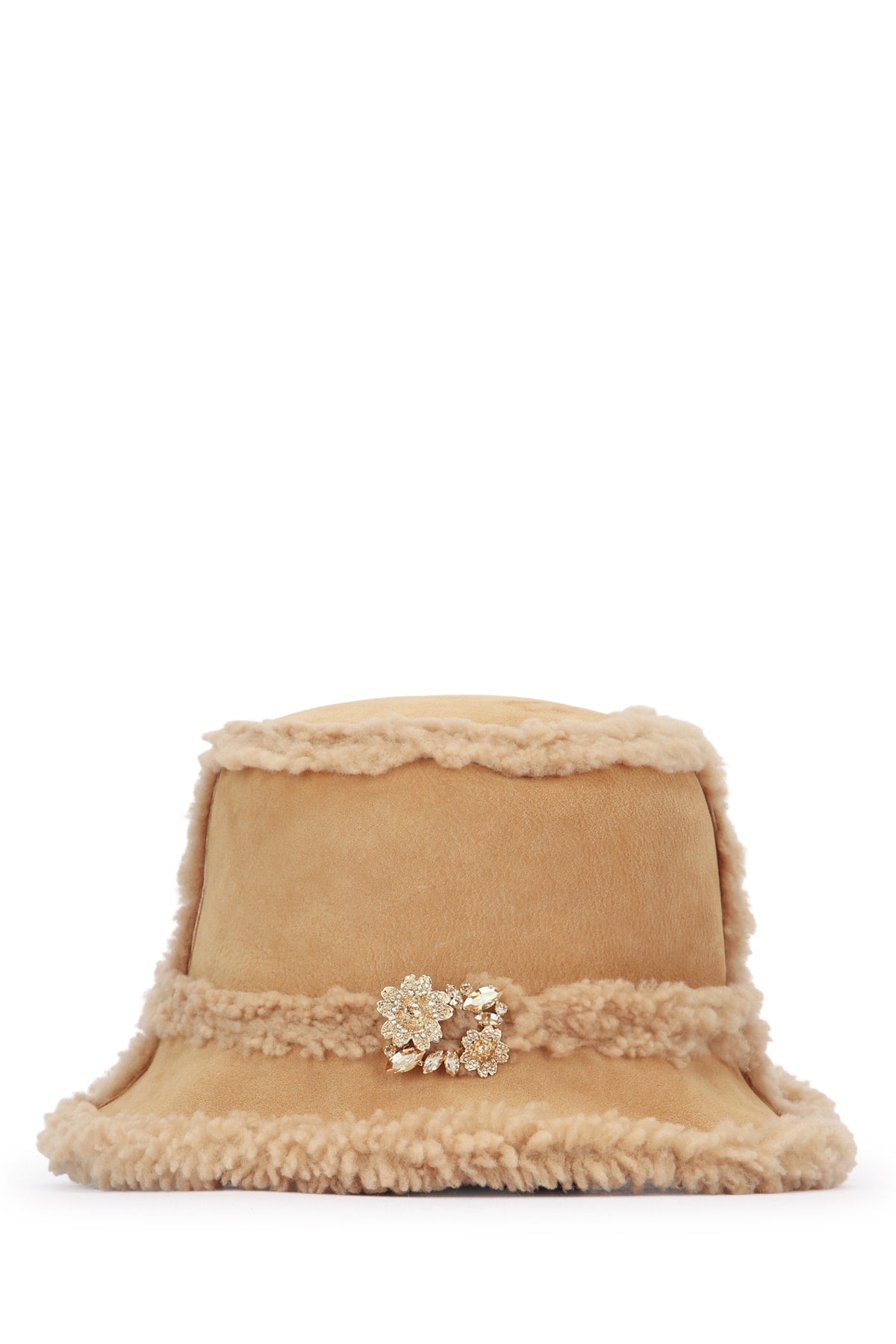 Roger Vivier Shearling-Lined Bucket Hat — Beige Suede With Sherpa Lining