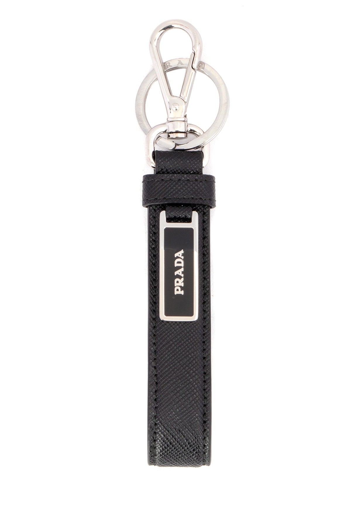 Prada Logo-Plaque Saffiano Leather Key Case — Black Acciaio-vitello Keychains