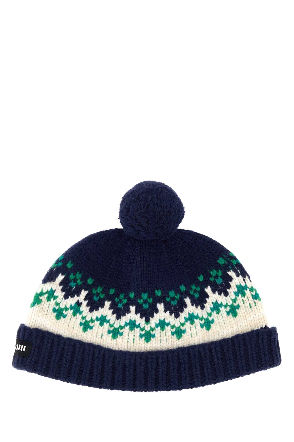 Miu Miu Hat Fair Isle Wool Beanie — Navy Exterior: Virgin Beanies
