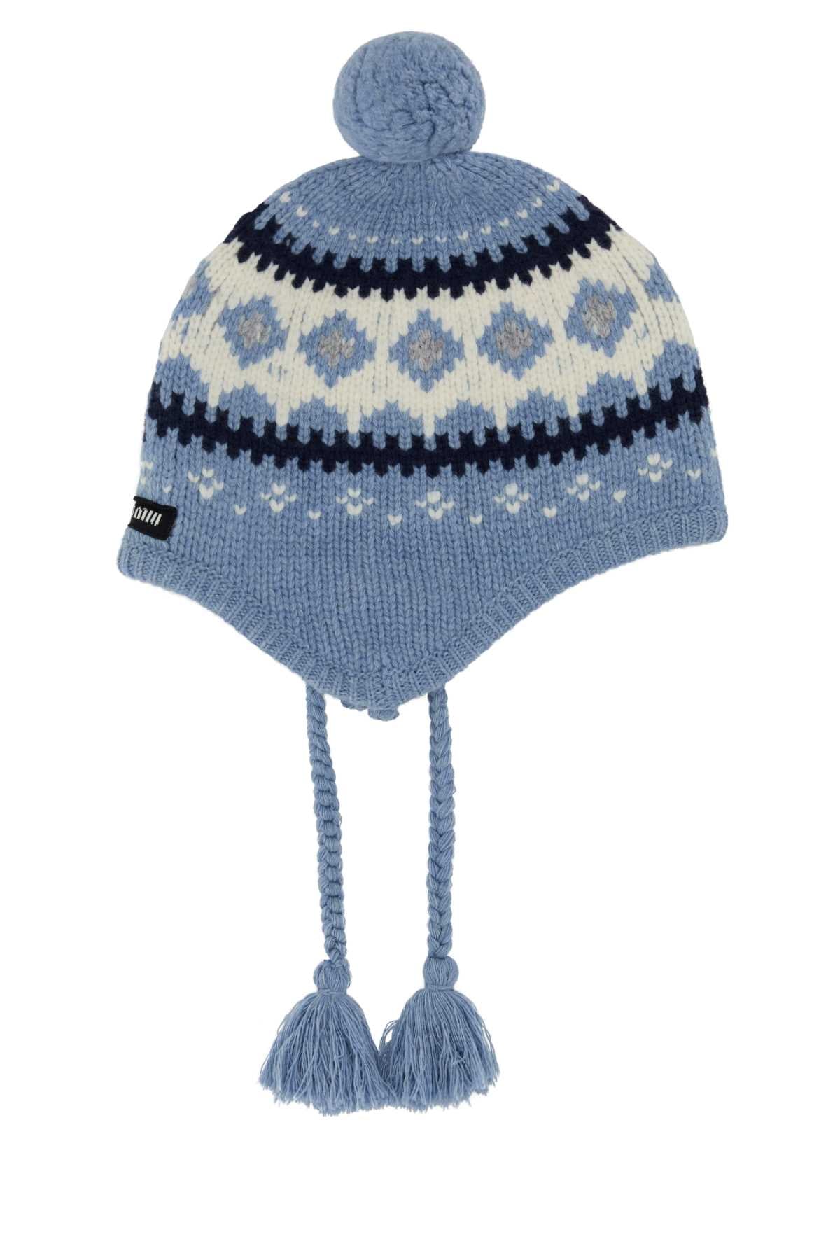 Miu Miu Hat Fair Isle Knit Beanie — Blue Exterior: Virgin Wool Winter Hats