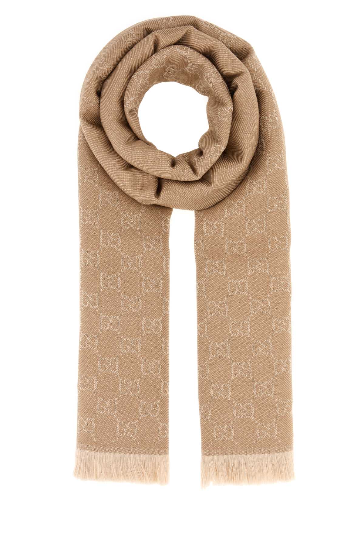 Gucci Logo-Embroidered Wool Scarf — Beige Fabric Scarfs