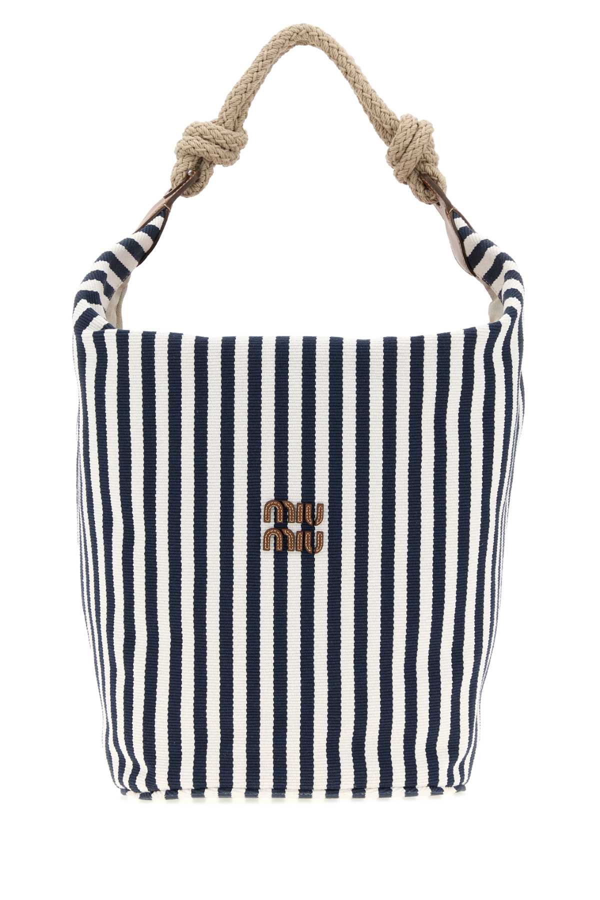 Miu Miu Striped Canvas Bucket Bag — Navy